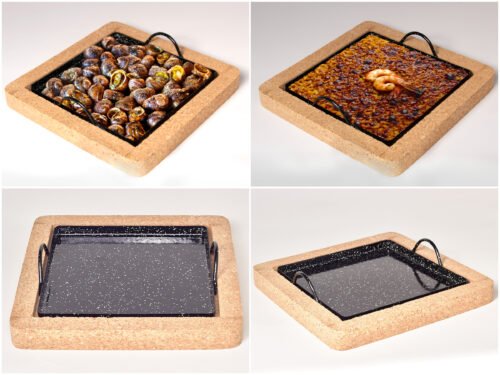 Plateau à Griller Émaillé Barbecue Grille Base en Liège Amovible non Brûlant Ignifugé 22x22cm