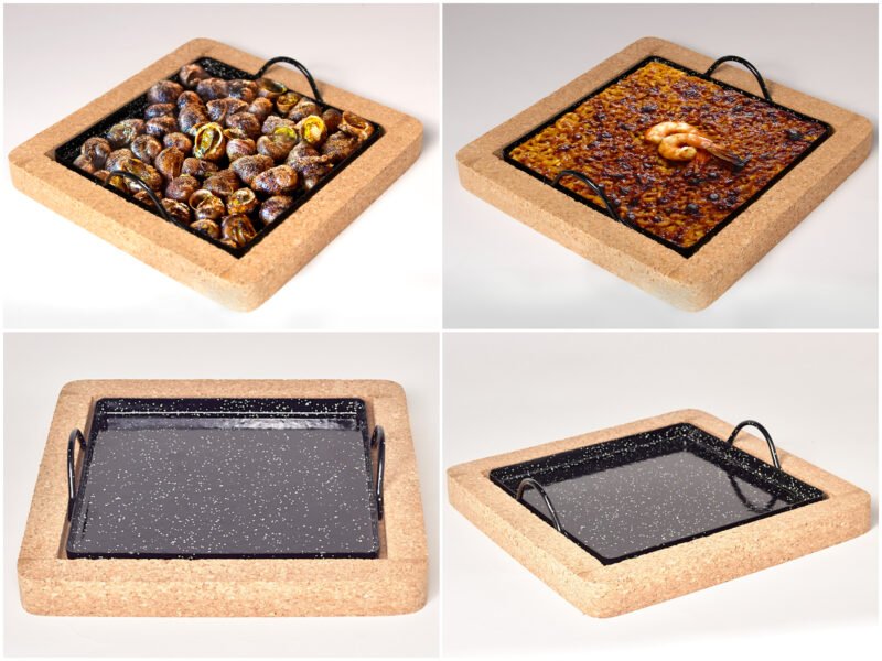 Plateau à Griller Émaillé Barbecue Grille Base en Liège Amovible non Brûlant Ignifugé 22x22cm