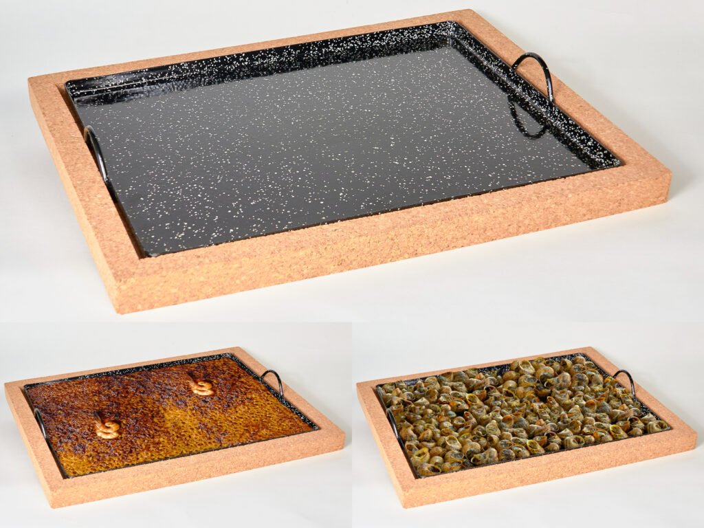 Bandeja esmaltada barbacoa horno caracoles llauna cargols arroz base corcho extraíble sin quemaduras ignífugo 32x42 cm 