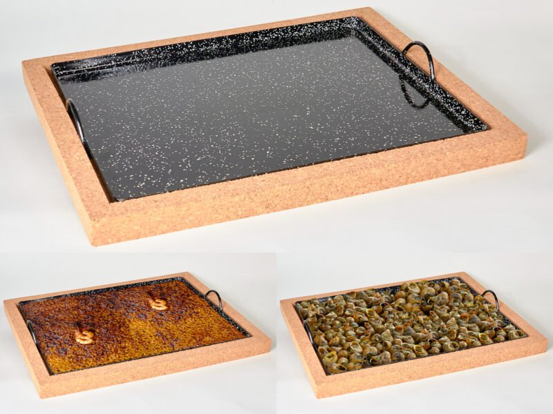 Bandeja esmaltada barbacoa horno caracoles llauna cargols arroz base corcho extraíble sin quemaduras ignífugo 32x42 cm 