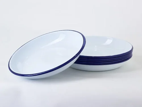 Set/6 Plato hondo de acero esmaltado blanco con ribete azul 25 cm diámetro