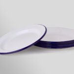 Ensemble de 6 Assiettes en acier émaillé blanc avec bordure bleue 24 cm de diamètre