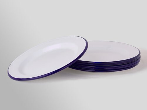 Set/6 Plato de acero esmaltado blanco con ribete azul 24 cm diámetro