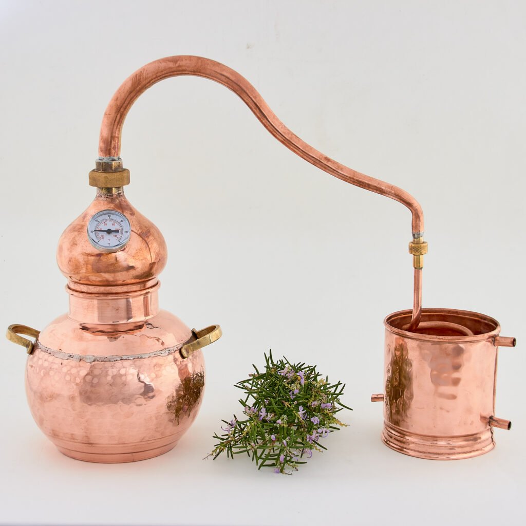 Alambic en cuivre premium 2 litres avec double raccord fileté, thermomètre et grille optionnelle