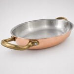 Plat de cuisson ovale bas en cuivre avec intérieur étamé et anses en laiton rivetées – 20, 25 ou 30 cm – Pour poisson, viande et fruits de mer