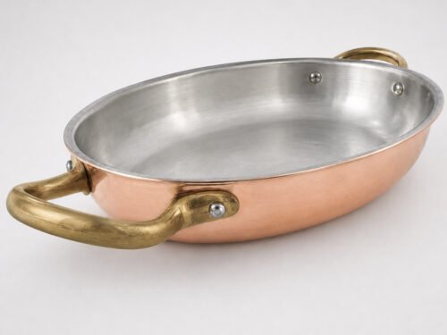 Plat de cuisson ovale bas en cuivre avec intérieur étamé et anses en laiton rivetées – 20, 25 ou 30 cm – Pour poisson, viande et fruits de mer