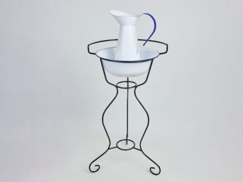 Ensemble de toilette vintage : cuvette et pichet émaillés avec support en fer forgé