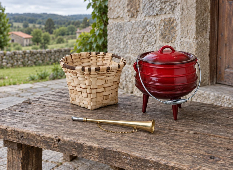 Panier en bois, marmite rouge à trois pieds et corne en laiton sur une table dans un cadre rural.