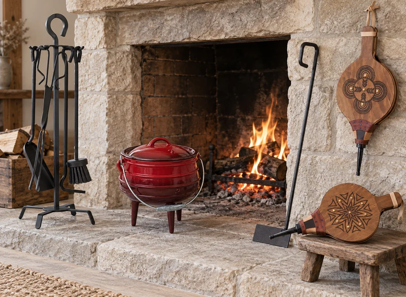 Marmite rouge en fonte, outils de cheminée, barre de ramassage et soufflets en bois près d’un foyer en pierre.