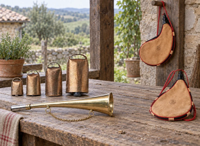 Cloches, corne en laiton et gourdes à vin en cuir sur une table sous un porche rural.