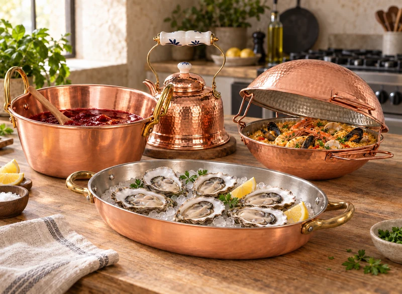 Plat ovale avec des huîtres, cataplana de riz aux fruits de mer, bassine à confiture et théière en cuivre.