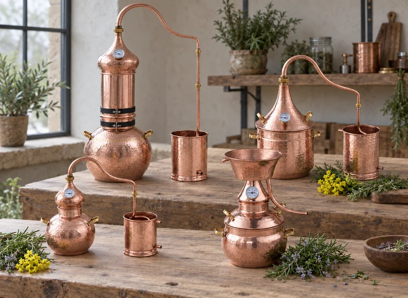 Alambics en cuivre classiques, à colonne et pour plantes, accompagnés d’une alquitara dans un atelier lumineux.