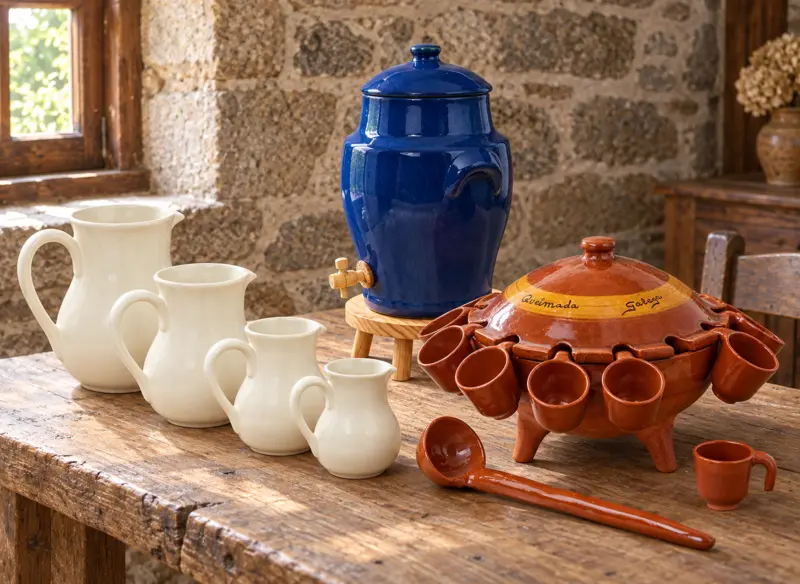 Pichets en grès, vinaigrier bleu et service à queimada en terre cuite.