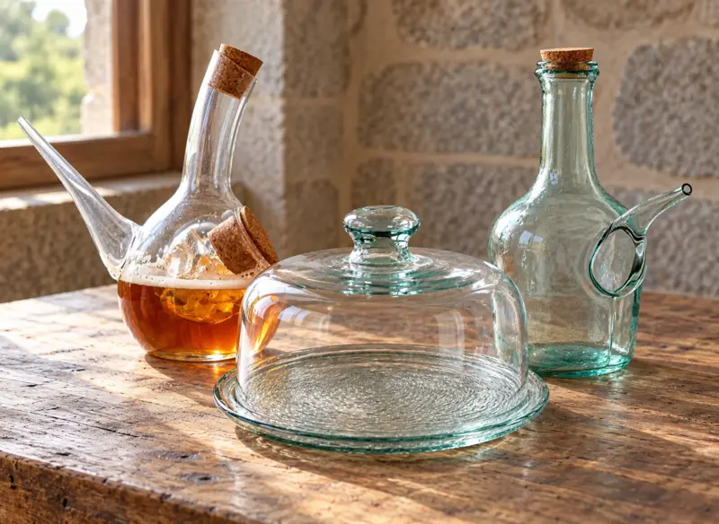 Cloche à fromage et porrons en verre.