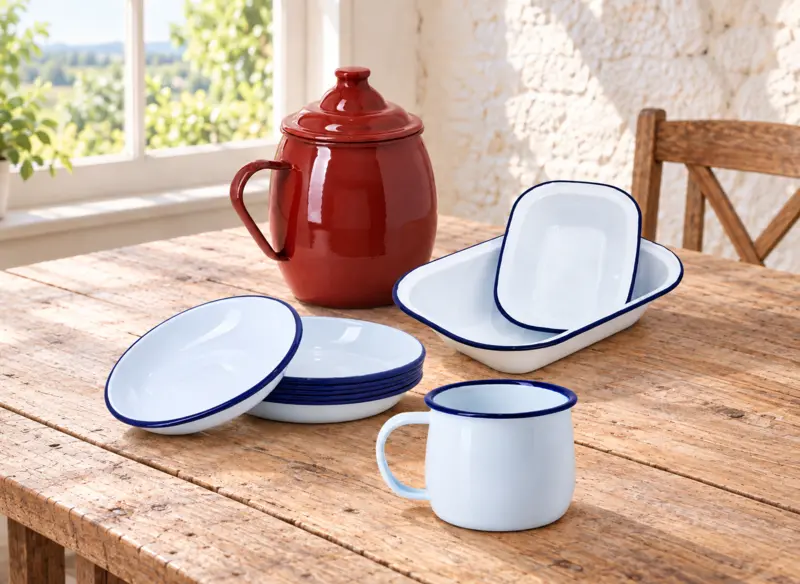 Vaisselle émaillée blanche à bord bleu et récipient rouge sur une table rustique.