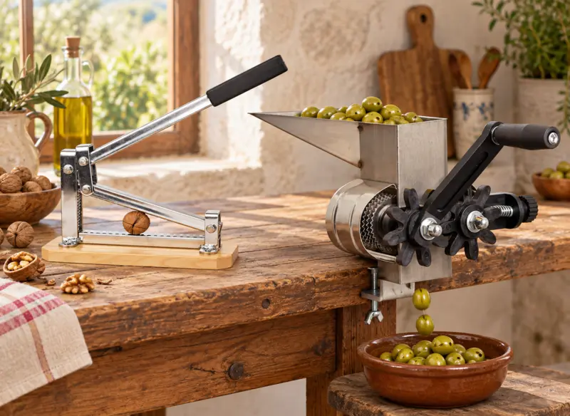 Machine à inciser les olives fixée à une table et casse-noix à levier.