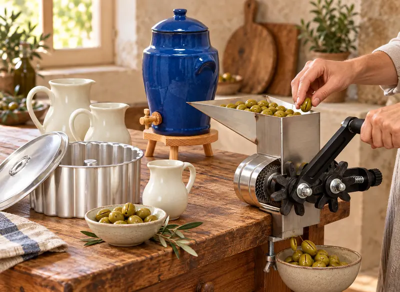 Vinaigrier bleu, pichets en grès et moule en aluminium sur une table, avec une fendeuse d’olives fixée au bord et utilisée à la main.