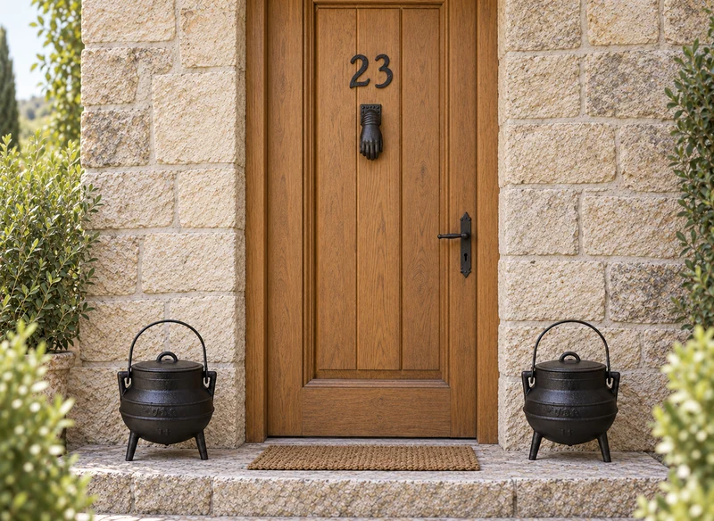 Deux marmites en fonte près d’une porte en bois avec des numéros et un heurtoir en forme de main.