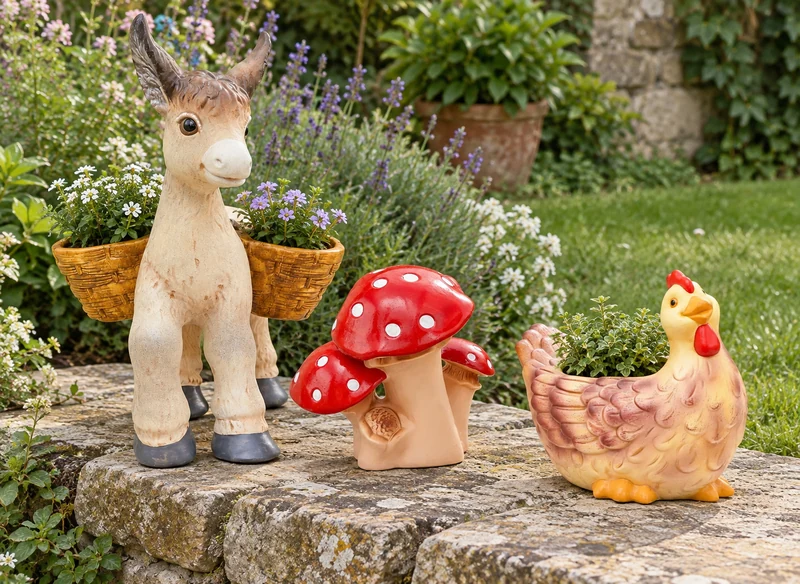 Figurines en céramique : âne avec paniers, champignons rouges et poule jardinière dans le jardin.