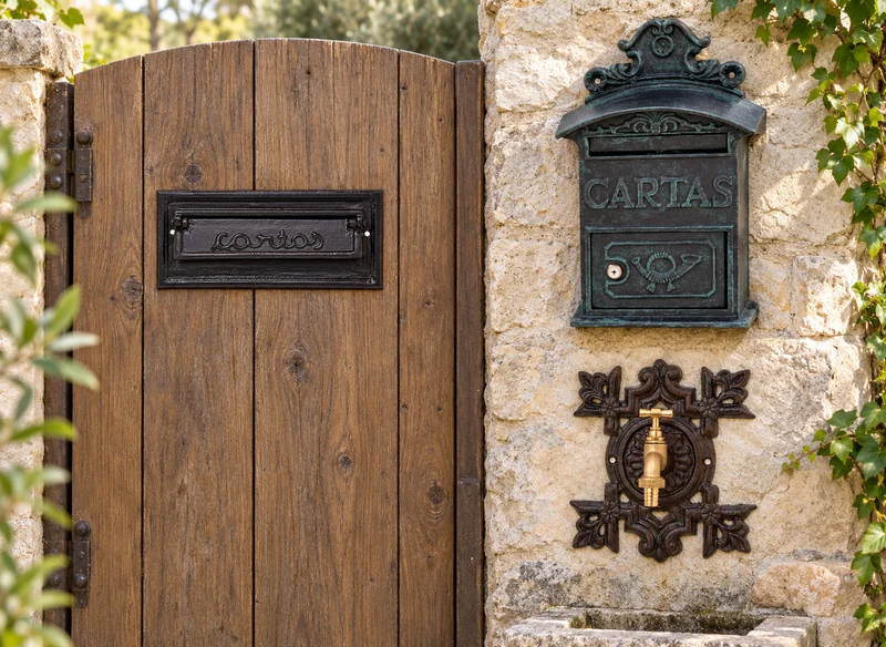 Entrée de boîte aux lettres sur une porte en bois, boîte aux lettres verte et robinet avec plaque décorative sur un mur en pierre.
