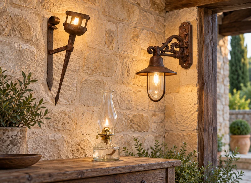 Appliques murales rustiques et lampe à pétrole en verre allumées sous un porche en pierre et en bois.
