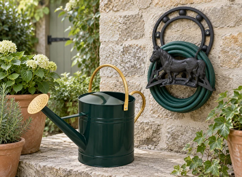 Arrosoir vert et support de tuyau en fer à motif de cheval dans un jardin en pierre.
