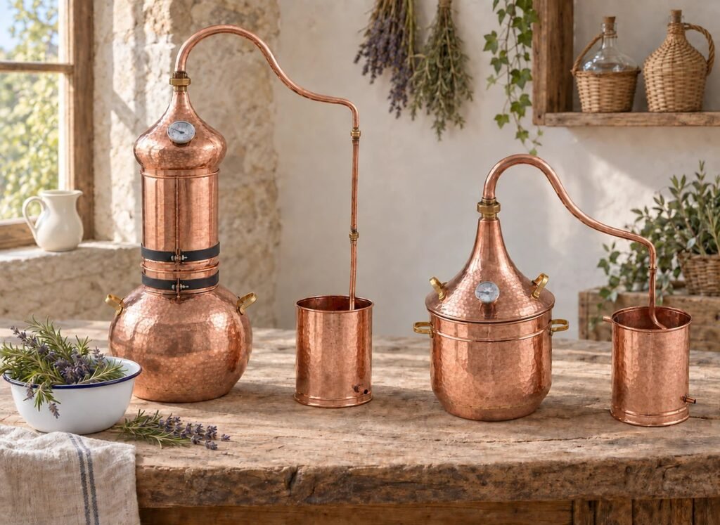 Alambics artisanaux en cuivre pour réaliser des hydrolats, des huiles essentielles et des distillats.