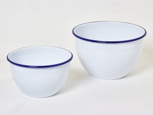Lot de 2 bols en acier émaillé blanc à liseré bleu – 3 L et 1 L