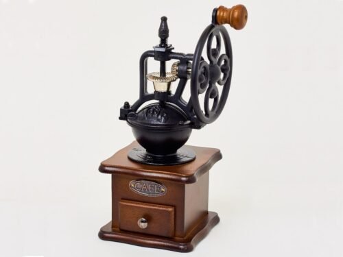 Moulin à café manuel vintage avec manivelle à roue et tiroir en bois