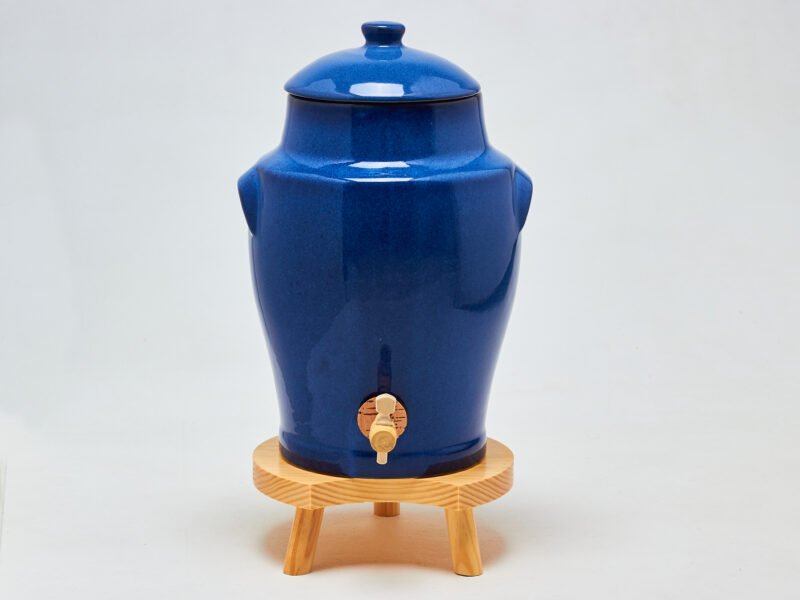 Vinaigrier en Grès Bleu 4L Poterie Artisanale Support en Bois pour la Macération à la Maison – Image 2