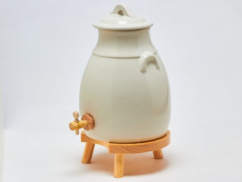 Vinaigrier en Grès Blanc 3,5L Poterie Artisanale Support en Bois pour la Macération à la Maison
