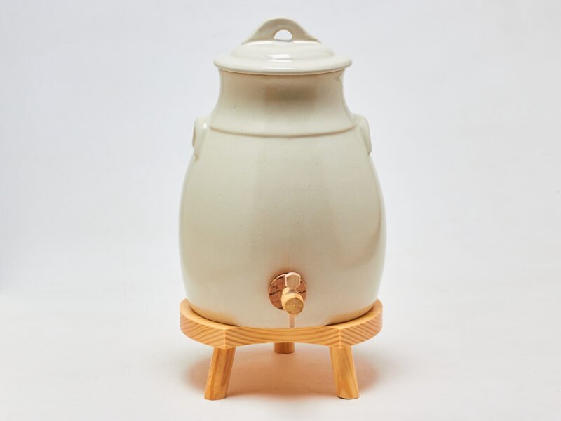 Vinaigrier en Grès Blanc 3,5L Poterie Artisanale Support en Bois pour la Macération à la Maison – Image 3
