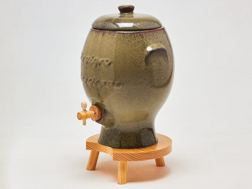 Vinaigrier en grès artisanal l’ancienne 4 l avec robinet en bois et support – vinaigre maison traditionnel