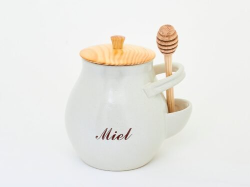 Pot à miel en grès avec couvercle et cuillère à miel en bois – 19 cm
